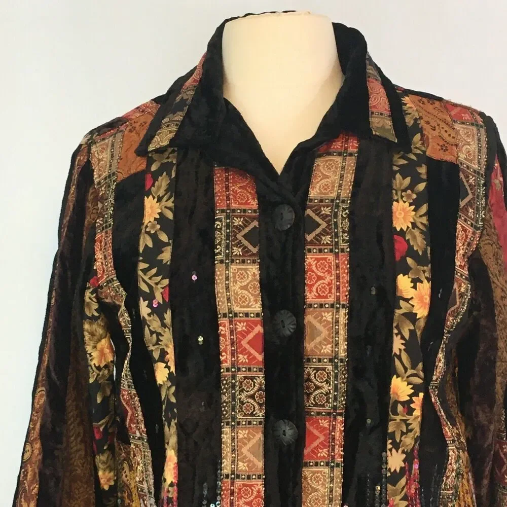 Coldwater Creek Womens Tapestry & Black Velvet Patchwork‎ Shirt Jacket, Boho, PS